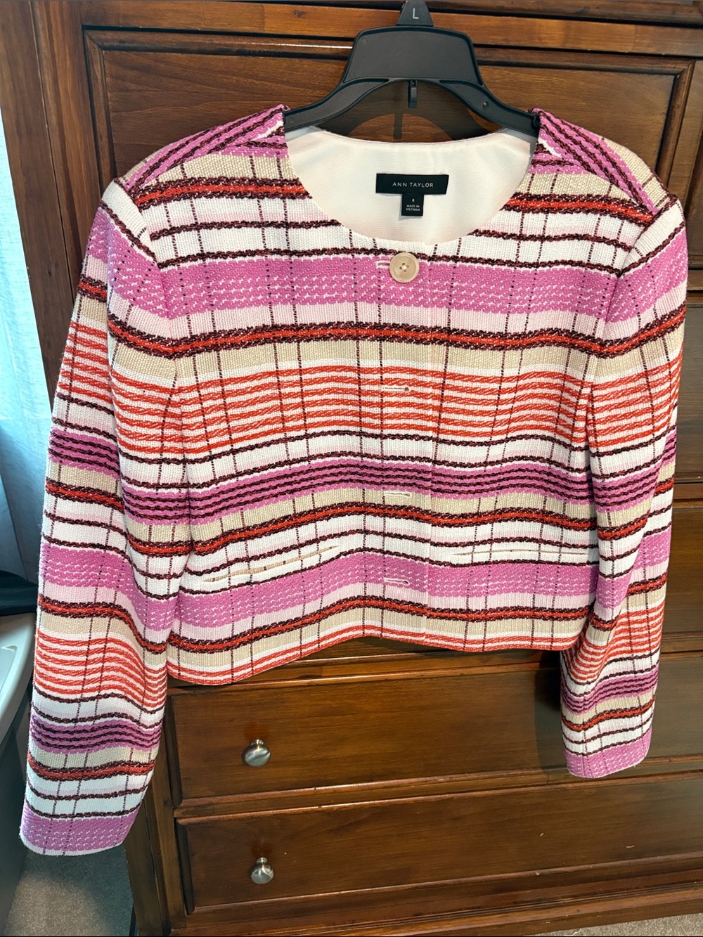 Ann Taylor Pink, Orange & White Striped Cropped Knit Jacket